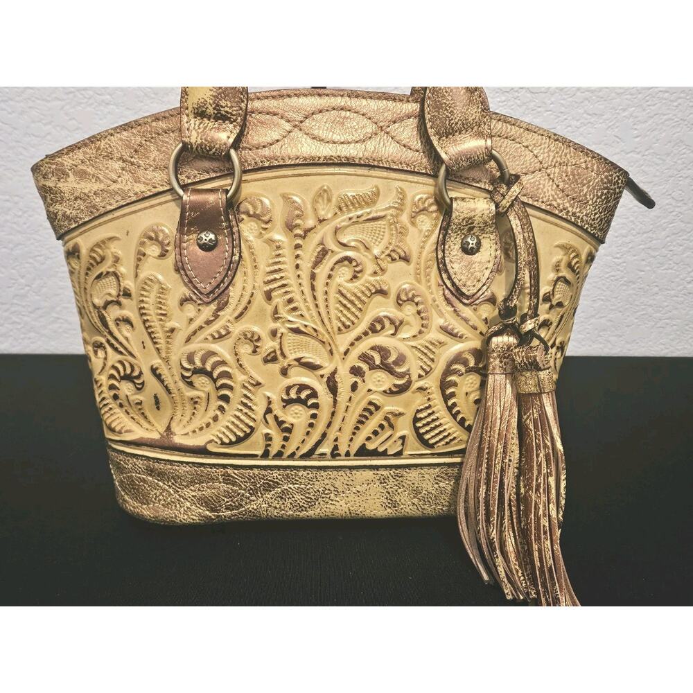 Patricia Nash Burnished Tooled Zorita Satchel Bag Metallic gold finish 14x10x4 - Picture 4 of 15
